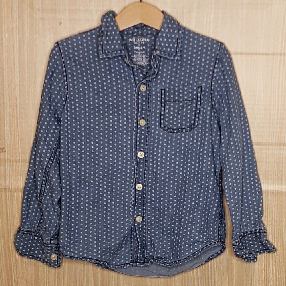 Arizona Girls Blue White Geometric Print Long Sleeve Button Down 4-5
